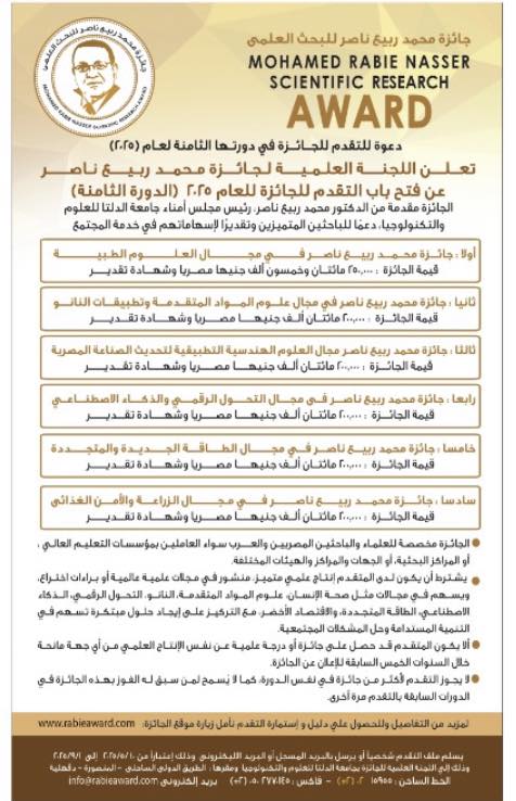 فتح باب التقدم لجائزه محمد ربيع لعام 2025 (الدورة الثامنه)